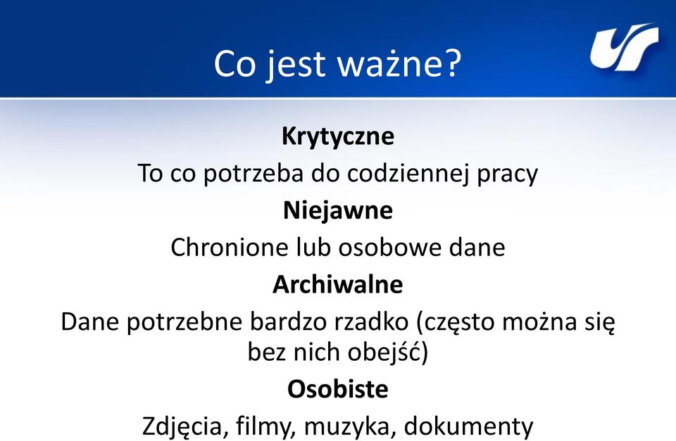 Chronione lub osobowe dane Archiwalne Dane potrzebne