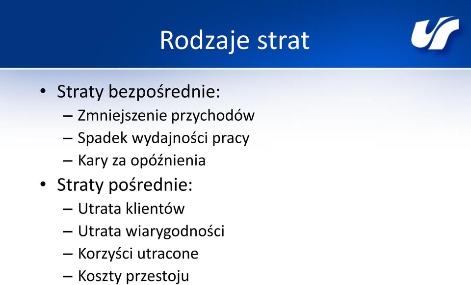 opóźnienia Straty pośrednie: Utrata klientów