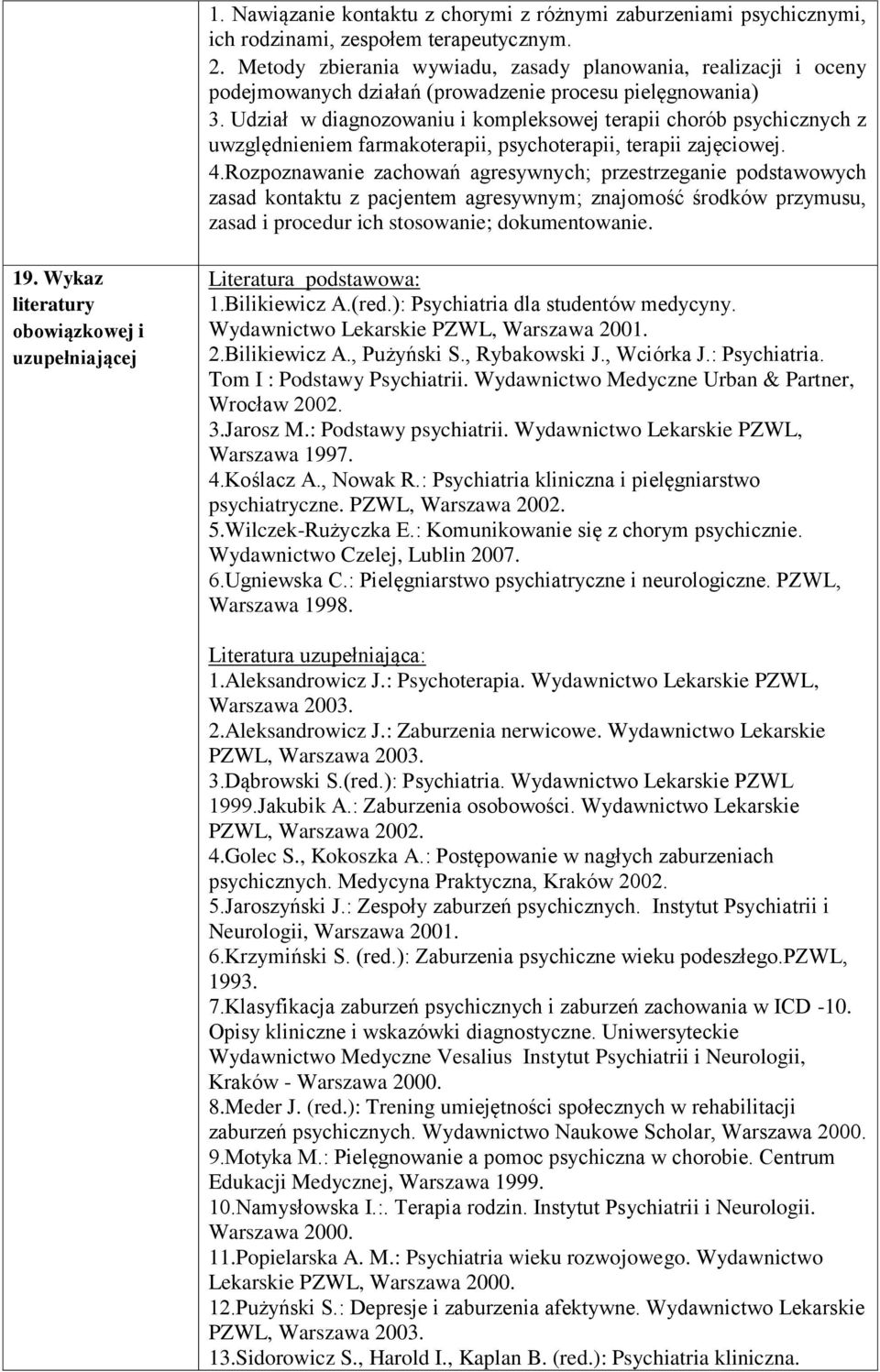 Udział w diagnozowaniu i kompleksowej terapii chorób psychicznych z uwzględnieniem farmakoterapii, psychoterapii, terapii zajęciowej. 4.