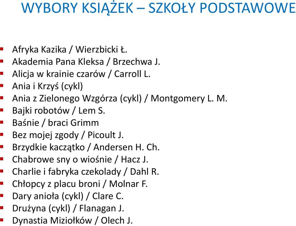 Baśnie / braci Grimm Bez mojej zgody / Picoult J. Brzydkie kaczątko / Andersen H. Ch. Chabrowe sny o wiośnie / Hacz J.