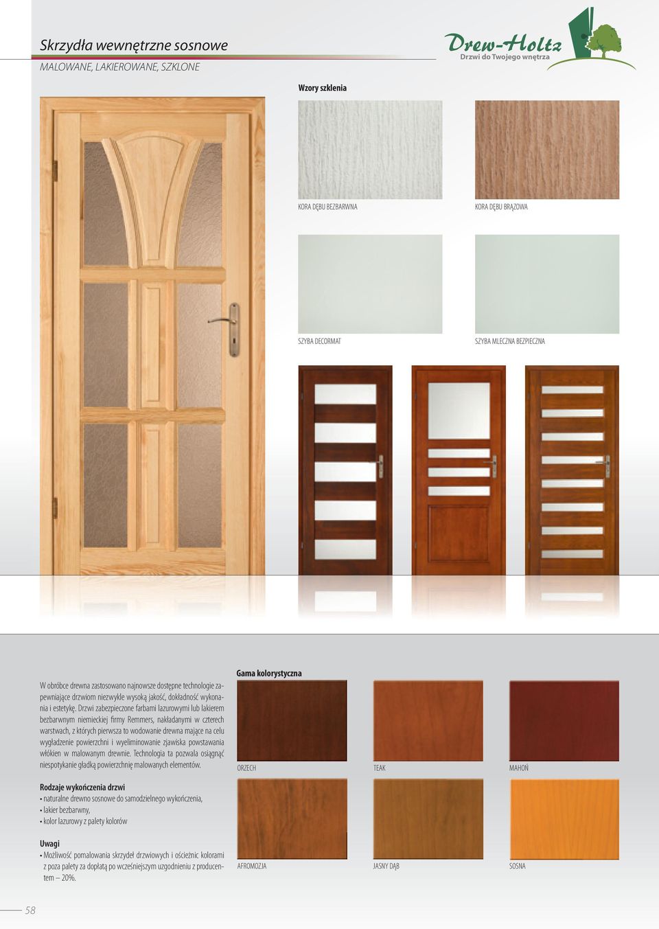 Drzwi zabezpieczone farbami lazurowymi lub lakierem bezbarwnym niemieckiej firmy Remmers, nakładanymi w czterech warstwach, z których pierwsza to wodowanie drewna mające na celu wygładzenie
