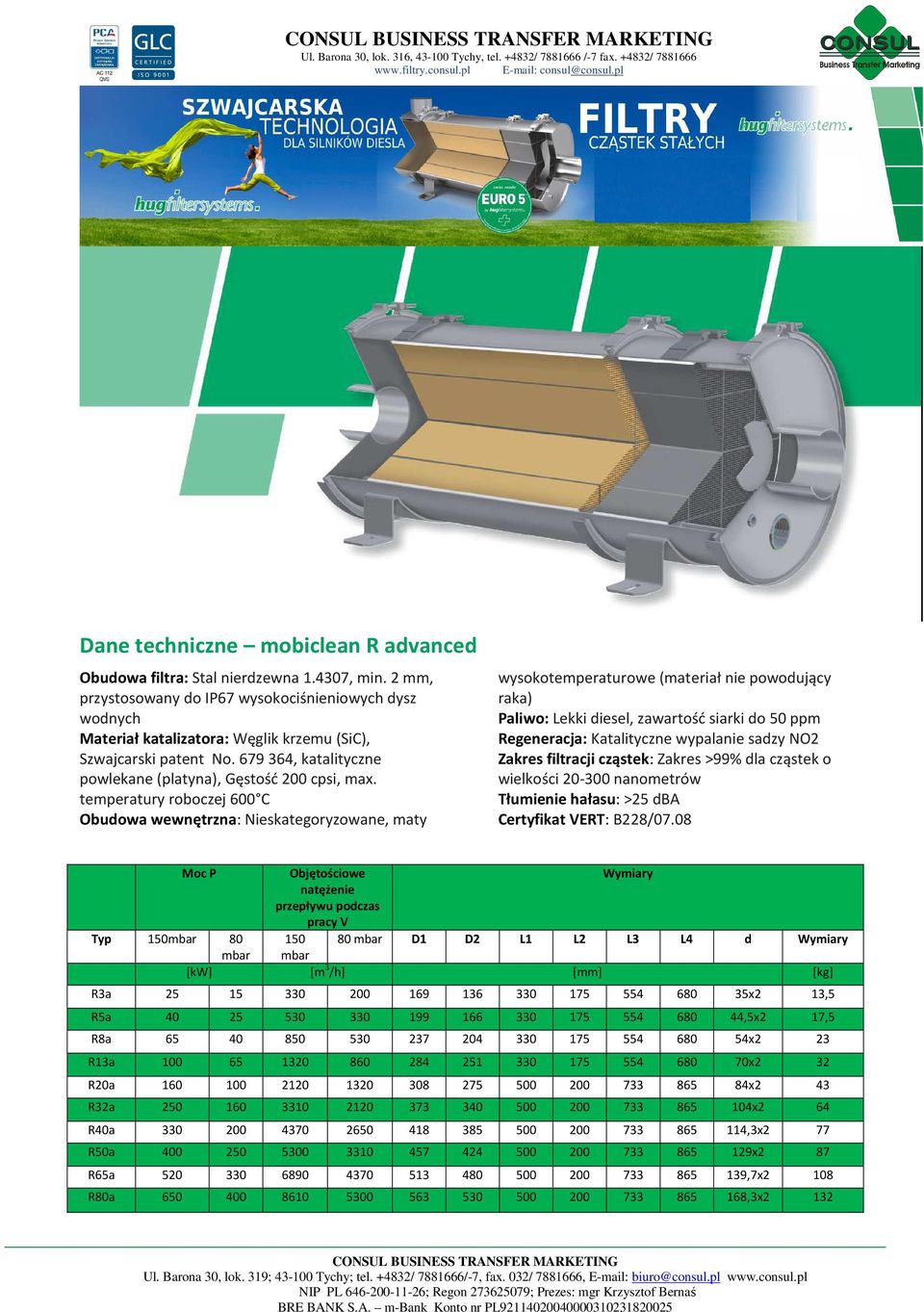 temperatury roboczej 600 C Obudowa wewnętrzna: Nieskategoryzowane, maty wysokotemperaturowe (materiał nie powodujący raka) Paliwo: Lekki diesel, zawartość siarki do 50 ppm Regeneracja: Katalityczne