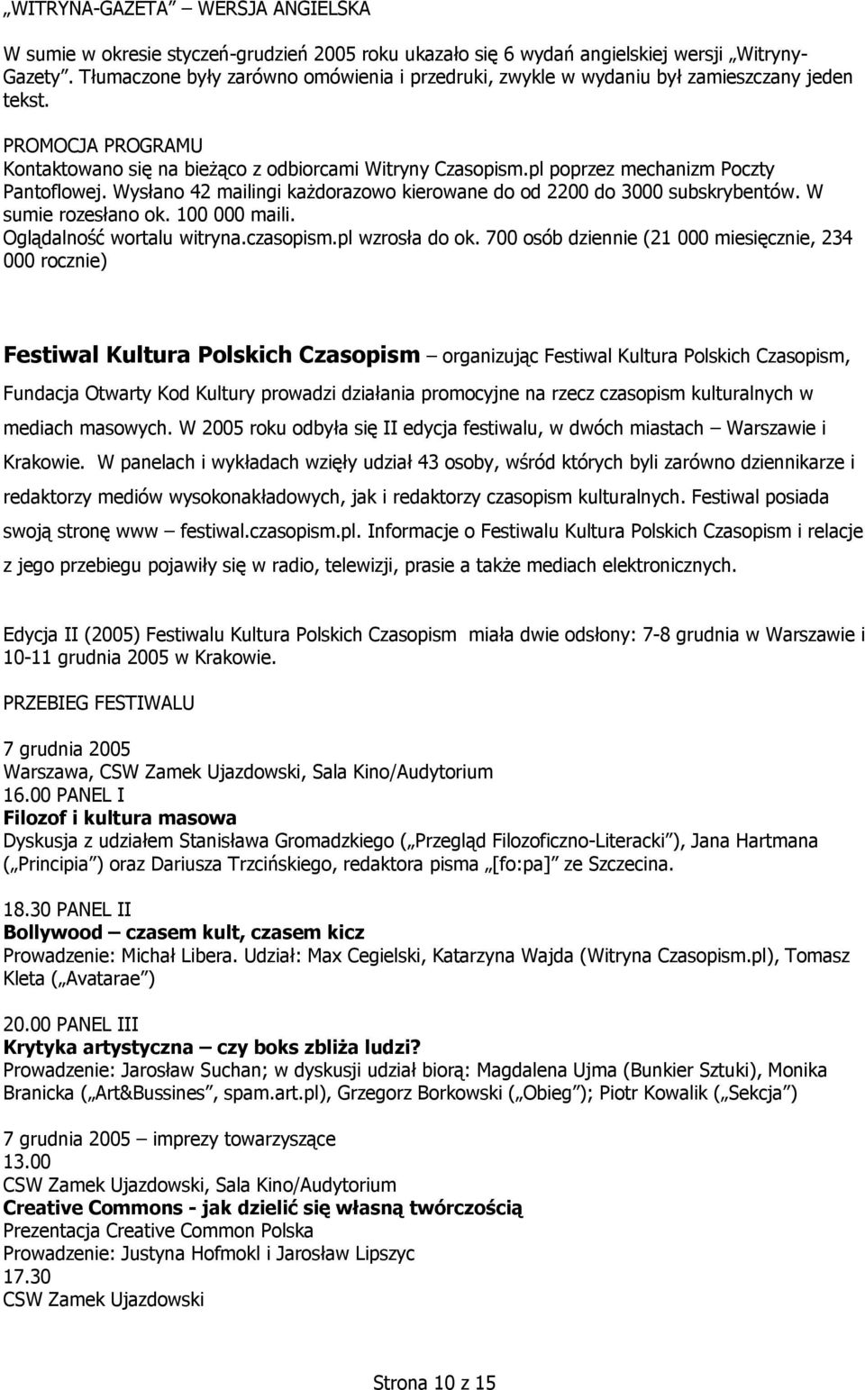 pl poprzez mechanizm Poczty Pantoflowej. Wysłano 42 mailingi każdorazowo kierowane do od 2200 do 3000 subskrybentów. W sumie rozesłano ok. 100 000 maili. Oglądalność wortalu witryna.czasopism.