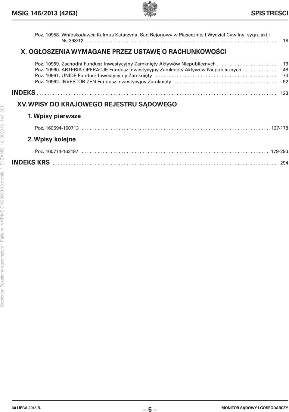 ARTERIA OPERACJE Fundusz Inwestycyjny Zamknięty Aktywów Niepublicznych............. 48 Poz. 10961. UNIDE Fundusz Inwestycyjny Zamknięty.............................................. 73 Poz. 10962.