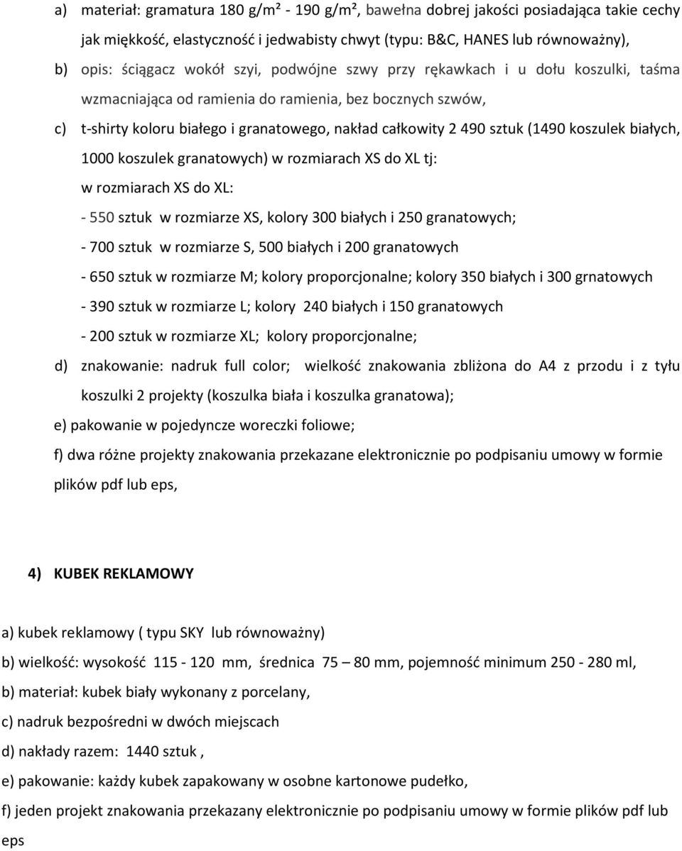 koszulek białych, 1000 koszulek granatowych) w rozmiarach XS do XL tj: w rozmiarach XS do XL: - 550 sztuk w rozmiarze XS, kolory 300 białych i 250 granatowych; - 700 sztuk w rozmiarze S, 500 białych