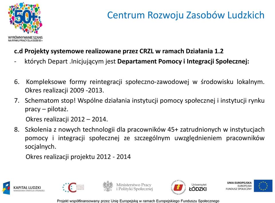 Okres realizacji 2009-2013. 7. Schematom stop! Wspólne działania instytucji pomocy społecznej i instytucji rynku pracy pilotaż.