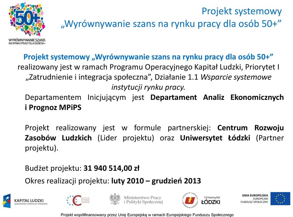 Departamentem Inicjującym jest Departament Analiz Ekonomicznych i Prognoz MPiPS Projekt realizowany jest w formule partnerskiej: