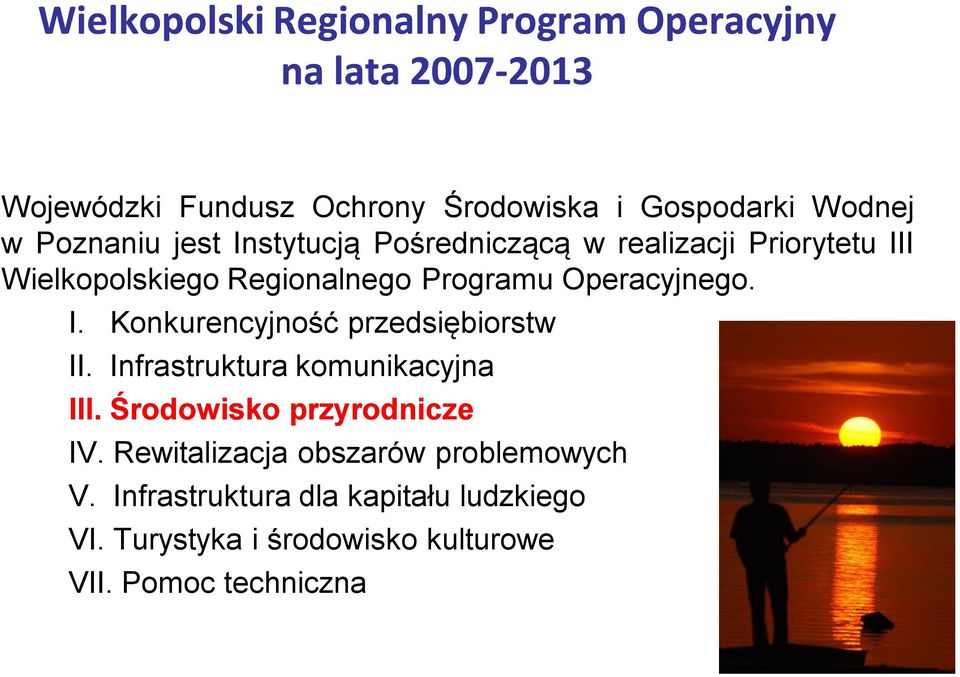 Operacyjnego. I. Konkurencyjność przedsiębiorstw II. Infrastruktura komunikacyjna III. Środowisko przyrodnicze IV.