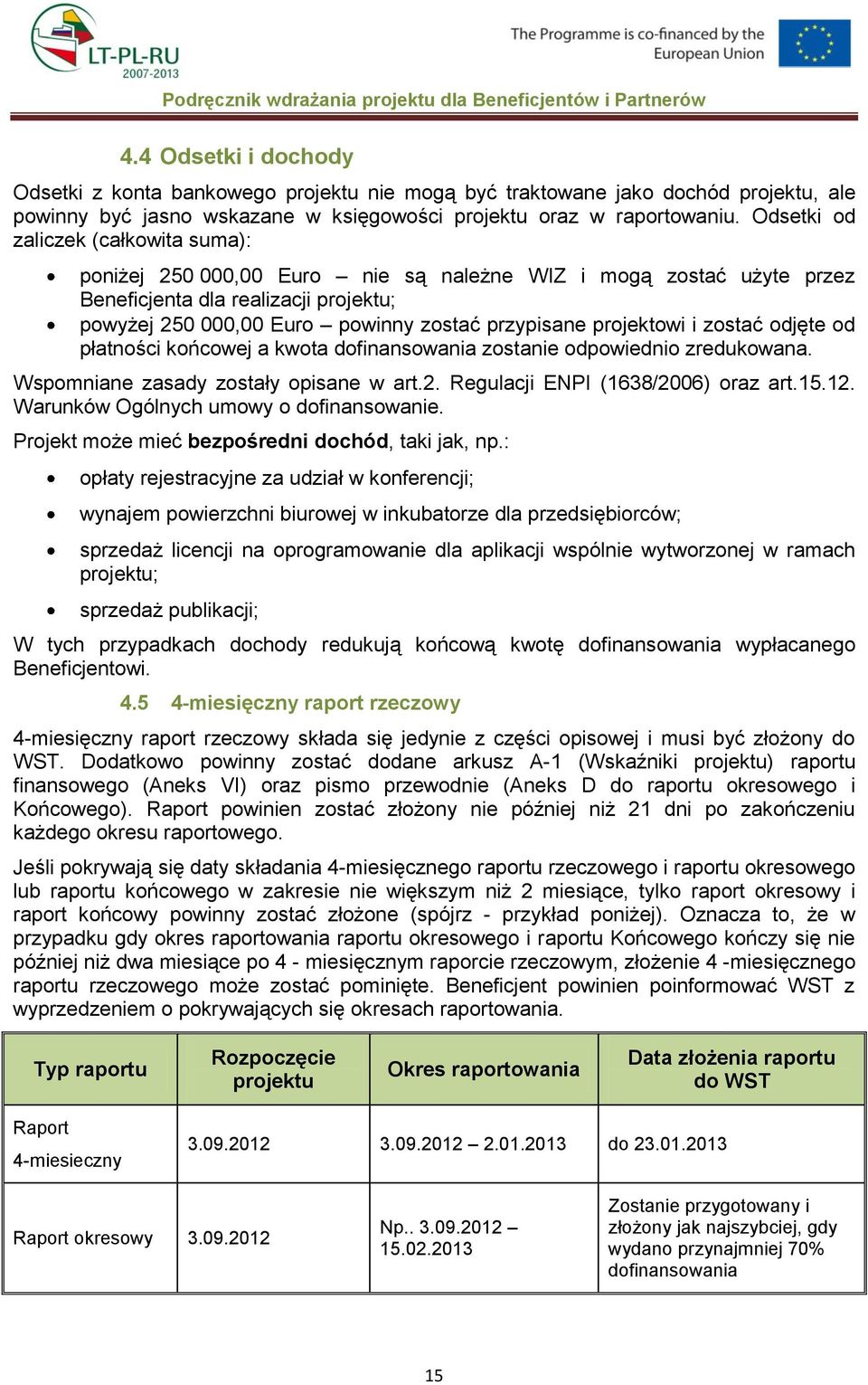 projektowi i zostać odjęte od płatności końcowej a kwota dofinansowania zostanie odpowiednio zredukowana. Wspomniane zasady zostały opisane w art.2. Regulacji ENPI (1638/2006) oraz art.15.12.
