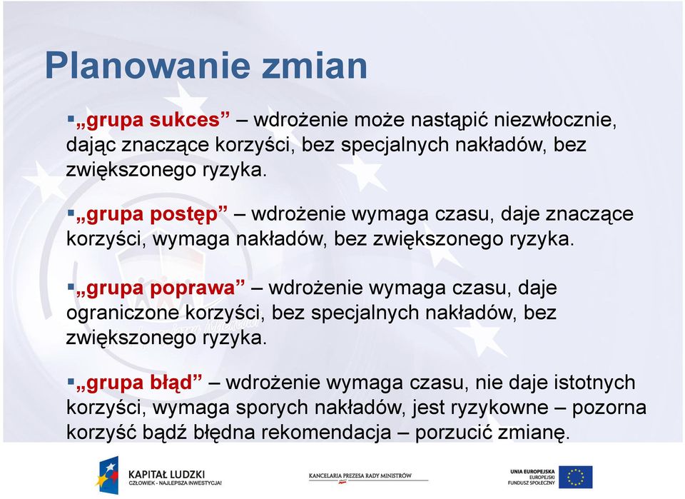 grupa poprawa wdroŝenie wymaga czasu, daje ograniczone korzyści, bez specjalnych nakładów, bez zwiększonego ryzyka.