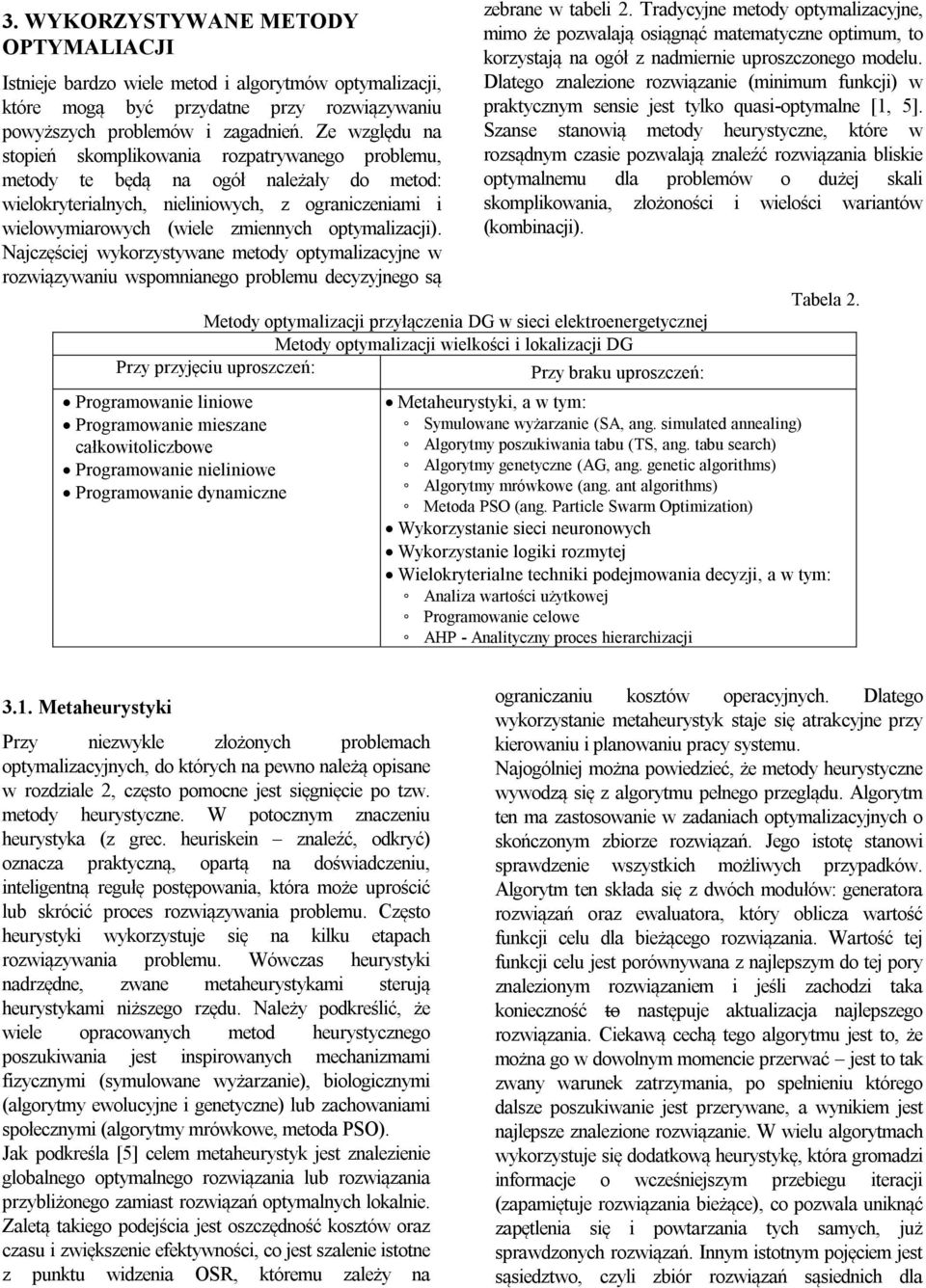 optymalizacji). Najczęściej wykorzystywane metody optymalizacyjne w rozwiązywaniu wspomnianego problemu decyzyjnego są zebrane w tabeli 2.