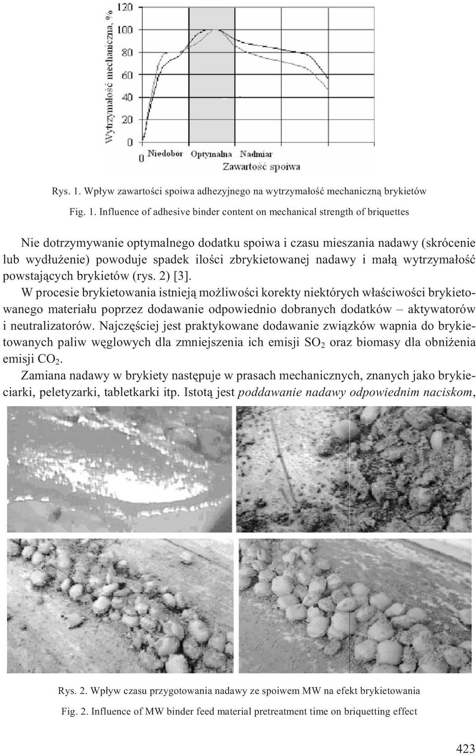Influence of adhesive binder content on mechanical strength of briquettes Nie dotrzymywanie optymalnego dodatku spoiwa i czasu mieszania nadawy (skrócenie lub wyd³u enie) powoduje spadek iloœci