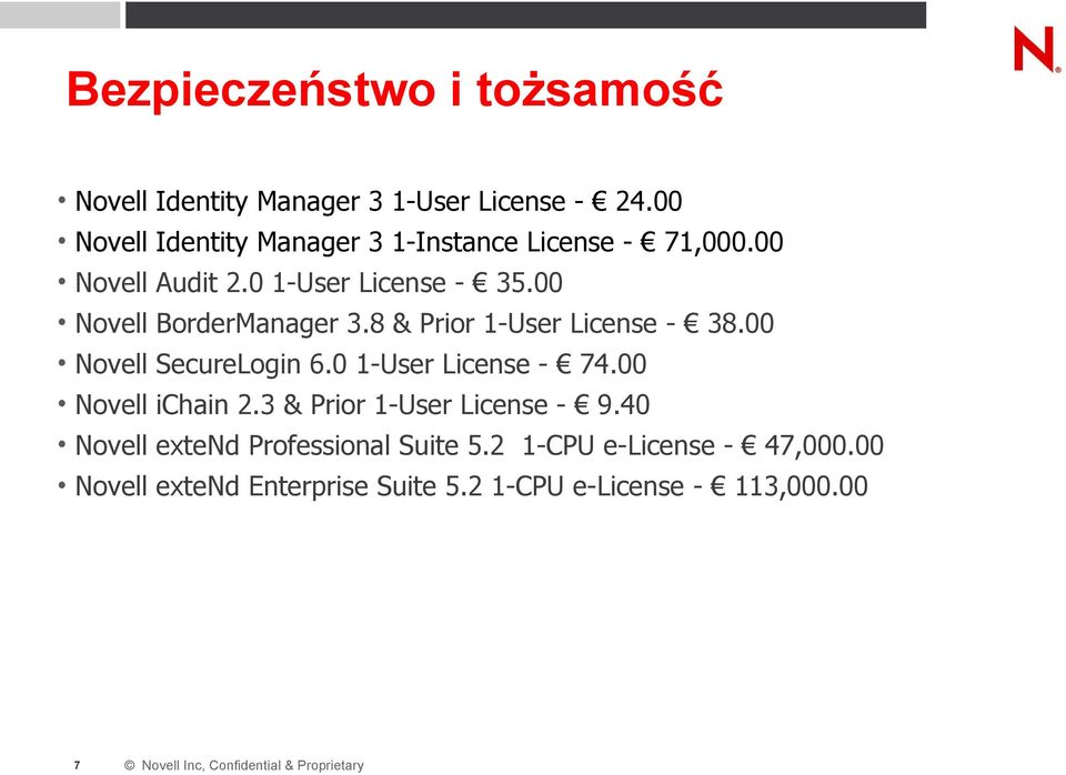 8 & Prior 1-User License - 38.00 Novell SecureLogin 6.0 1-User License - 74.00 Novell ichain 2.