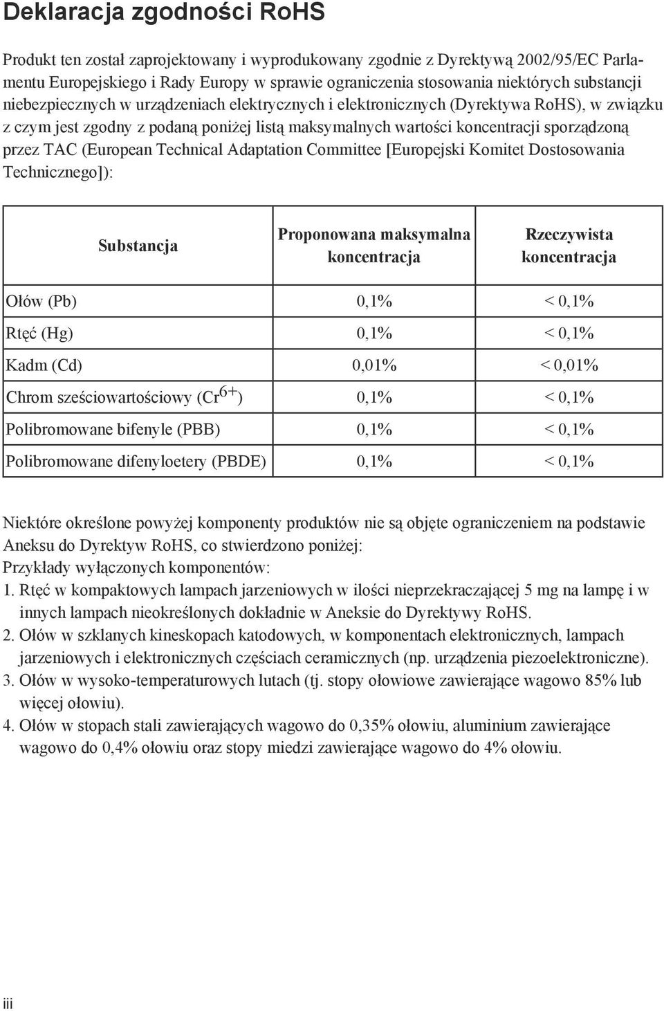 TAC (European Technical Adaptation Committee [Europejski Komitet Dostosowania Technicznego]): Substancja Proponowana maksymalna koncentracja Rzeczywista koncentracja Ołów (Pb) 0,1% < 0,1% Rtęć (Hg)
