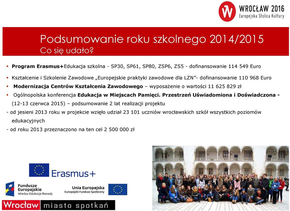 LZN - dofinansowanie 110 968 Euro Modernizacja Centrów Kształcenia Zawodowego wyposaŝenie o wartości 11 625 829 zł Ogólnopolska konferencja Edukacja w Miejscach