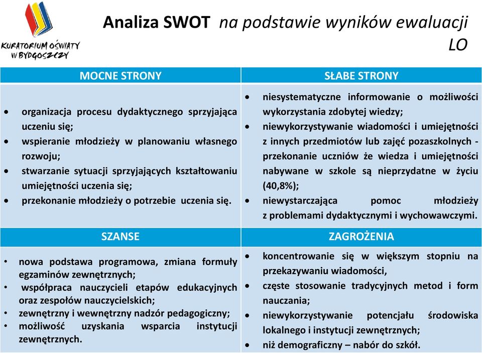 SZANSE nowa podstawa programowa, zmiana formuły egzaminów zewnętrznych; współpraca nauczycieli etapów edukacyjnych oraz zespołów nauczycielskich; zewnętrzny i wewnętrzny nadzór pedagogiczny;