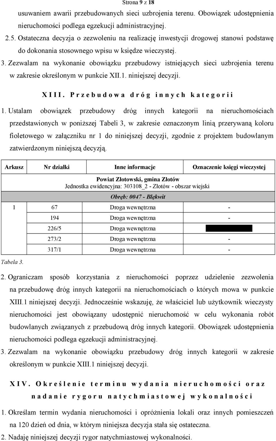 Zezwalam na wykonanie obowiązku przebudowy istniejących sieci uzbrojenia terenu w zakresie określonym w punkcie XII.1. niniejszej decyzji. X I I I.