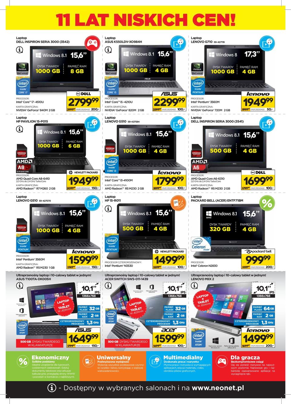4 GB 15 : Intel Pentum 3560M KARTA GRAFICZNA: 1749 AMD Radeon R5 M230 1 GB OSZCZĘDZASZ: 150,- Ultraprzenośny laptop 10-calowy tablet w jednym!