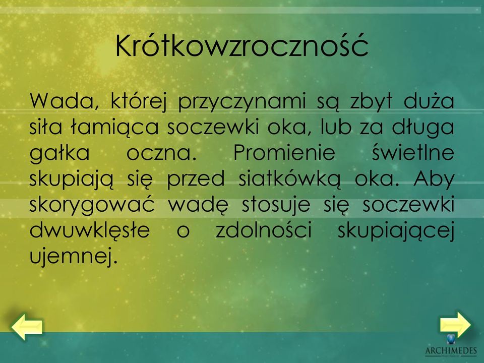 Promienie świetlne skupiają się przed siatkówką oka.