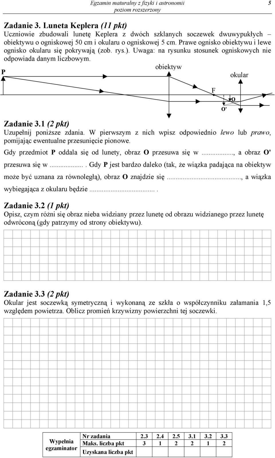 Prawe ognisko obiektywu i lewe ognisko okularu się pokrywają (zob. rys.). Uwaga: na rysunku stosunek ogniskowych nie odpowiada danym liczbowym. obiektyw P okular F O' O Zadanie 3.