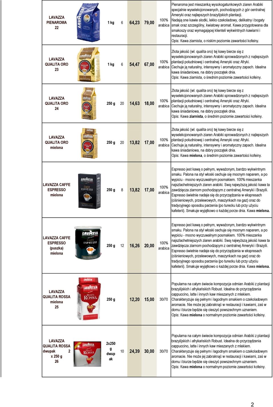 Kawa przygotowana dla smakoszy oraz wymagającej klienteli wykwintnych kawiarni i restauracji. Opis: Kawa ziarnista, o niskim poziomie zawartości kofeiny. Złota jakość (wł.