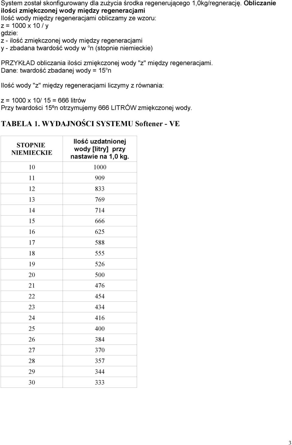 twardość wody w on (stopnie niemieckie) PRZYKŁAD obliczania ilości zmiękczonej wody "z" między regeneracjami.