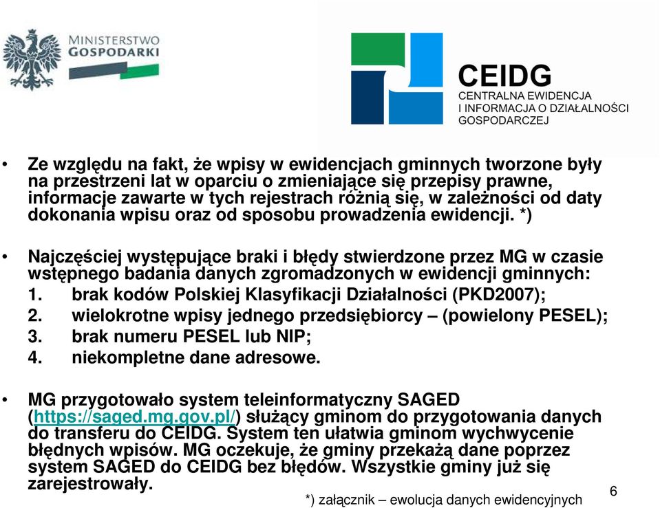 brak kodów Polskiej Klasyfikacji Działalności (PKD2007); 2. wielokrotne wpisy jednego przedsiębiorcy (powielony PESEL); 3. brak numeru PESEL lub NIP; 4. niekompletne dane adresowe.