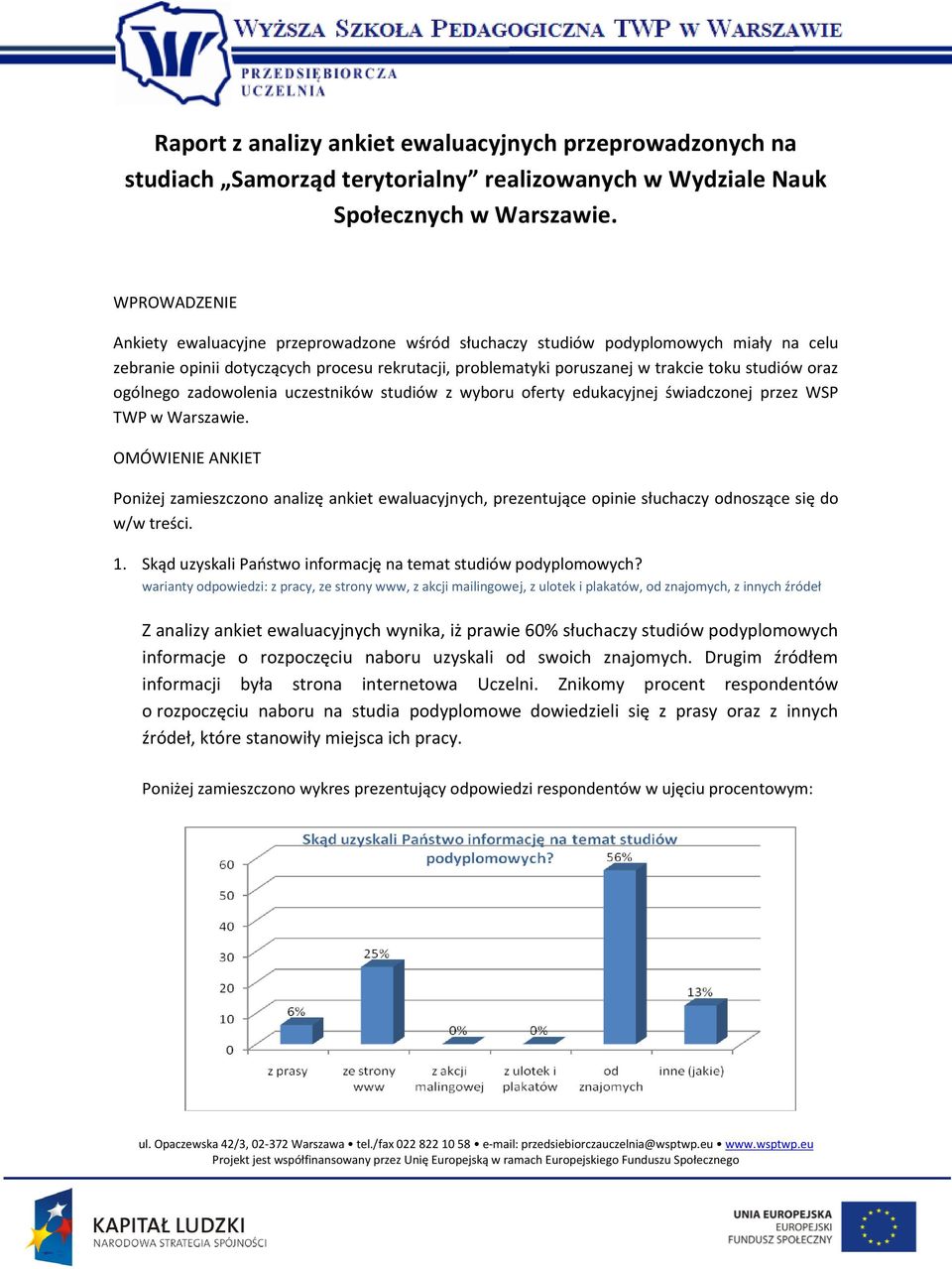ogólnego zadowolenia uczestników studiów z wyboru oferty edukacyjnej świadczonej przez WSP TWP w Warszawie.