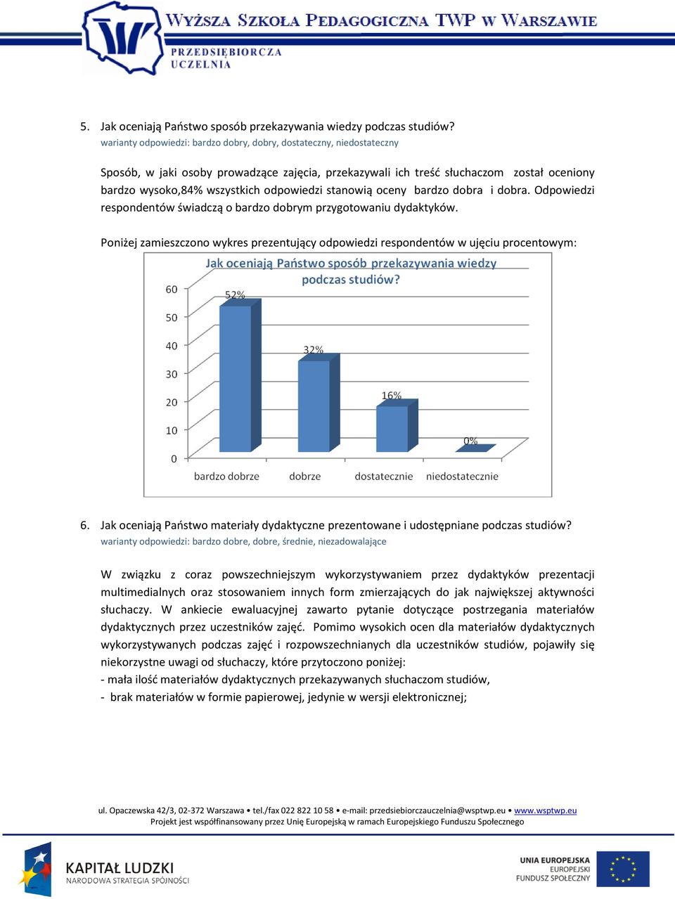odpowiedzi stanowią oceny bardzo dobra i dobra. Odpowiedzi respondentów świadczą o bardzo dobrym przygotowaniu dydaktyków. 6.