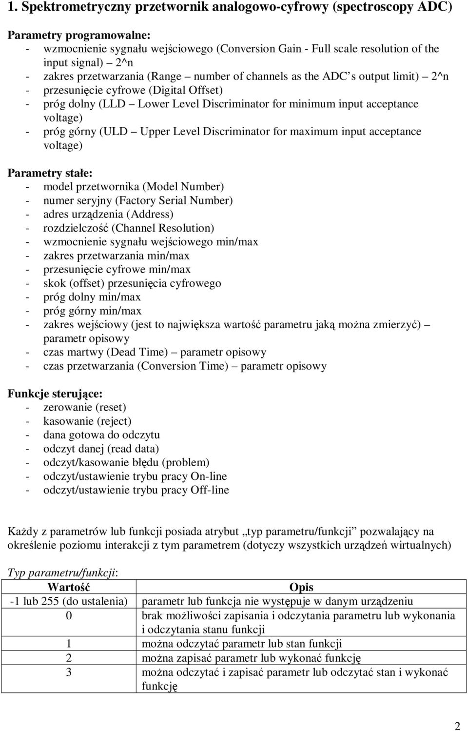 Level Discriminator for maximum input acceptance voltage) - model przetwornika (Model Number) - rozdzielczość (Channel Resolution) - wzmocnienie sygnału wejściowego min/max - zakres przetwarzania