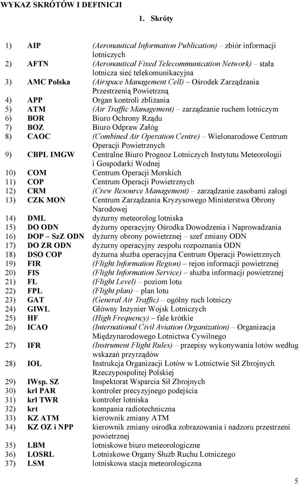 Management Cell) Ośrodek Zarządzania Przestrzenią Powietrzną 4) APP Organ kontroli zbliżania 5) ATM (Air Traffic Management) zarządzanie ruchem lotniczym 6) BOR Biuro Ochrony Rządu 7) BOZ Biuro