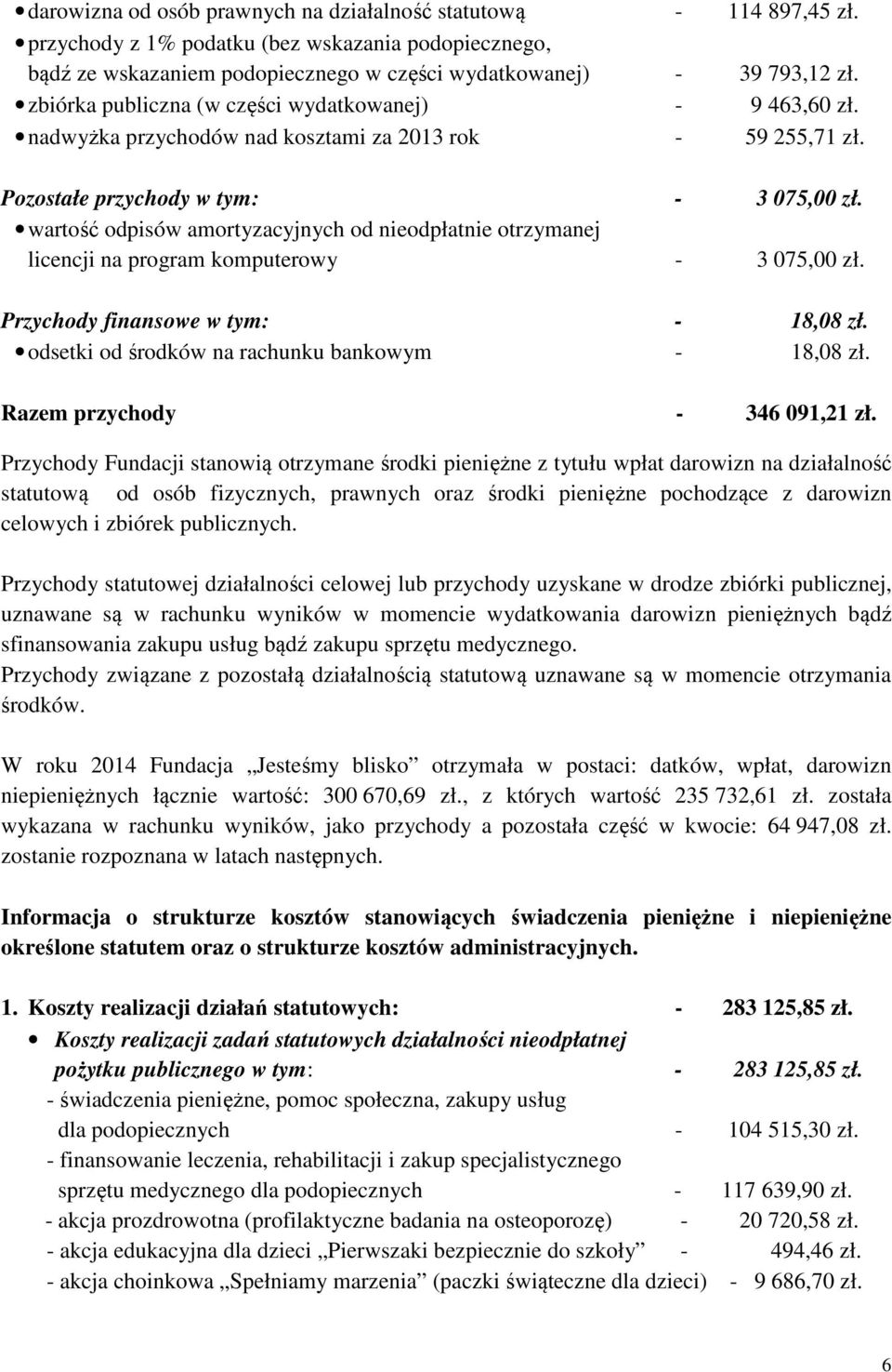 wartość odpisów amortyzacyjnych od nieodpłatnie otrzymanej licencji na program komputerowy - 3 075,00 zł. Przychody finansowe w tym: - 18,08 zł. odsetki od środków na rachunku bankowym - 18,08 zł.