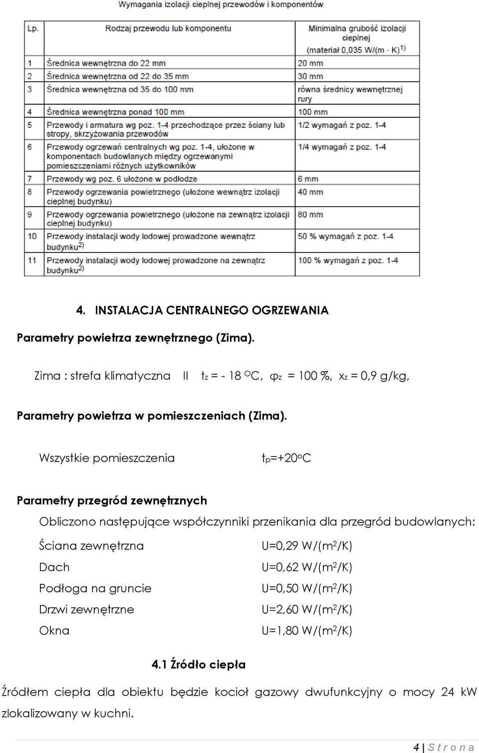Wszystkie pomieszczenia tp=+20 o C Parametry przegród zewnętrznych Obliczono następujące współczynniki przenikania dla przegród budowlanych: Ściana
