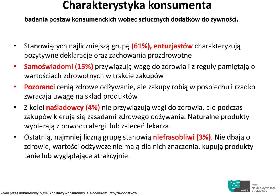 zdrowotnych w trakcie zakupów Pozoranci cenią zdrowe odżywanie, ale zakupy robią w pośpiechu i rzadko zwracają uwagę na skład produktów Z kolei naśladowcy (4%) nie przywiązują wagi do zdrowia, ale