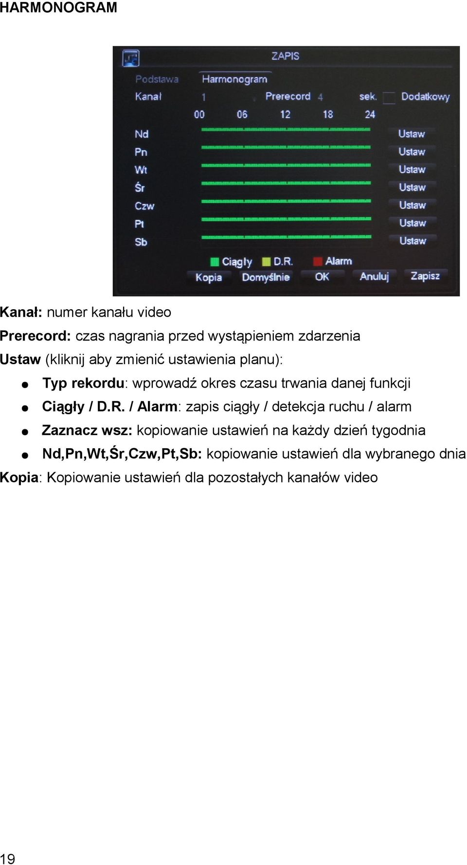 / Alarm: zapis ciągły / detekcja ruchu / alarm Zaznacz wsz: kopiowanie ustawień na każdy dzień tygodnia
