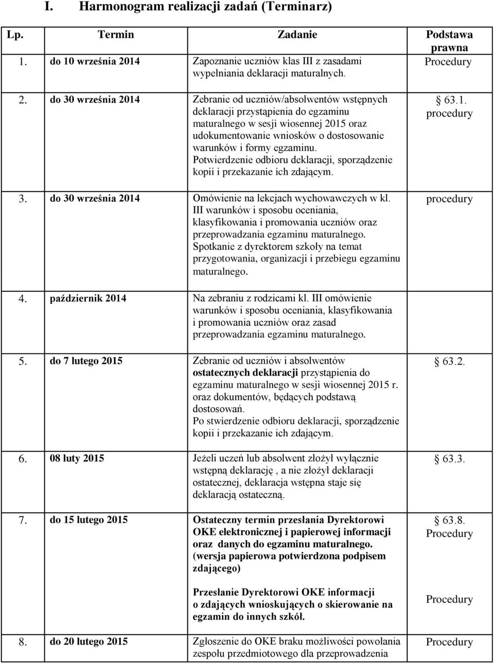 do 30 września 2014 Zebranie od uczniów/absolwentów wstępnych deklaracji przystąpienia do egzaminu maturalnego w sesji wiosennej 2015 oraz udokumentowanie wniosków o dostosowanie warunków i formy