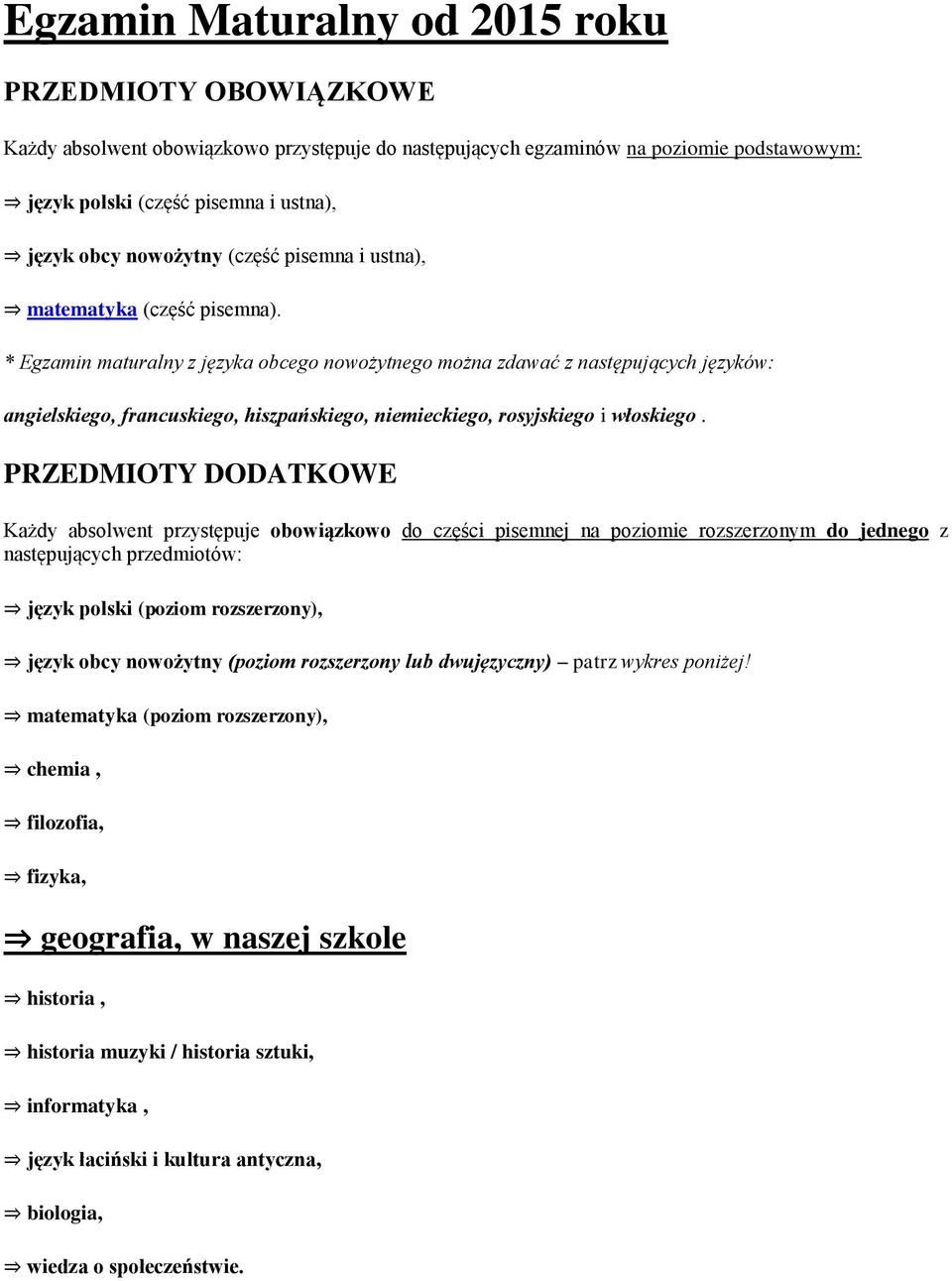 * Egzamin maturalny z języka obcego nowożytnego można zdawać z następujących języków: angielskiego, francuskiego, hiszpańskiego, niemieckiego, rosyjskiego i włoskiego.