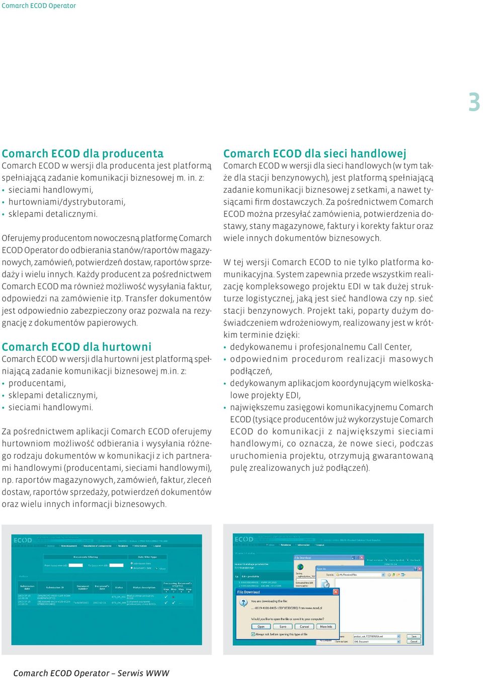 Oferujemy producentom nowoczesną platformę Comarch ECOD Operator do odbierania stanów/raportów magazynowych, zamówień, potwierdzeń dostaw, raportów sprzedaży i wielu innych.