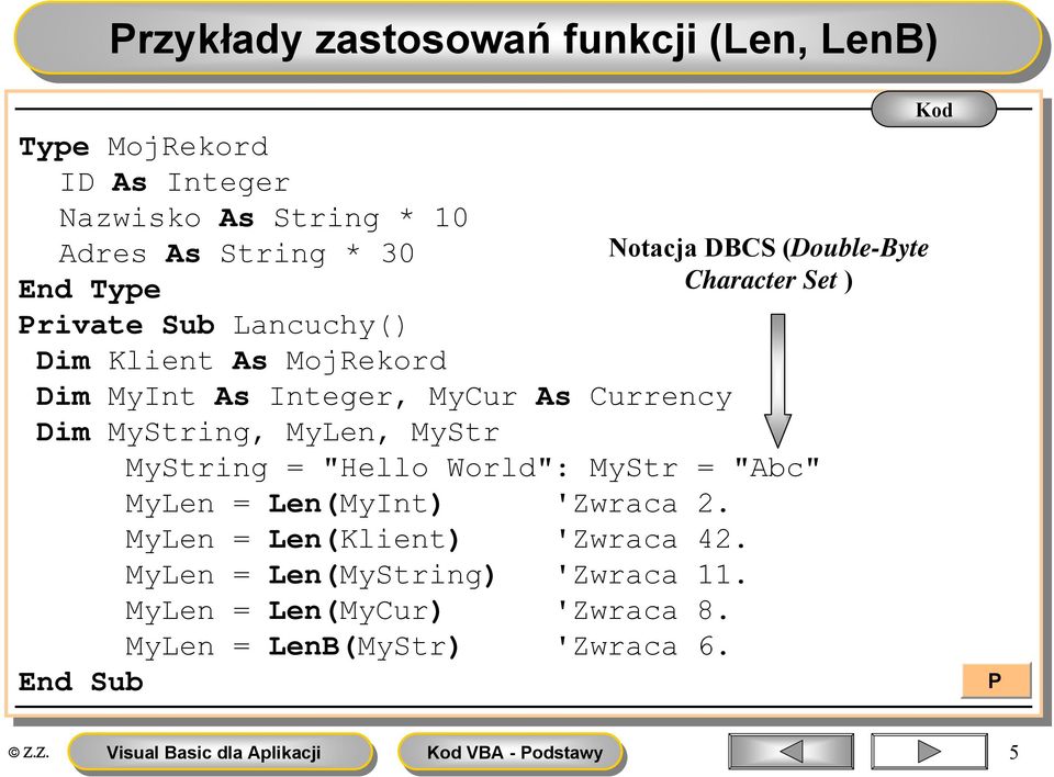 MyCur As As Currency Dim Dim MyString, MyLen, MyStr MyString = "Hello World": MyStr = "Abc" MyLen = Len(MyInt) 'Zwraca 2.