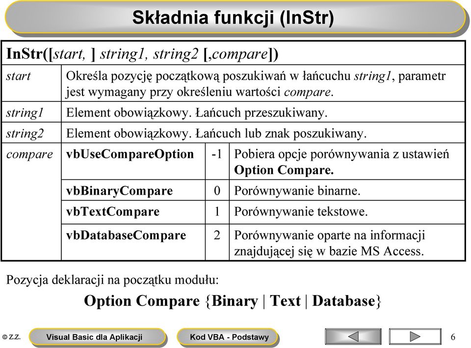 vbusecompareoption -1 Pobiera opcje porównywania z ustawień Option Compare. vbbinarycompare 0 Porównywanie binarne. vbtextcompare 1 Porównywanie tekstowe.