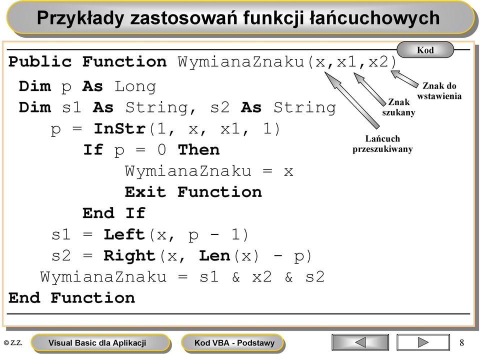 WymianaZnaku = x Exit Function End If s1 = Left(x, p - 1) s2 = Right(x, Len(x) - p)