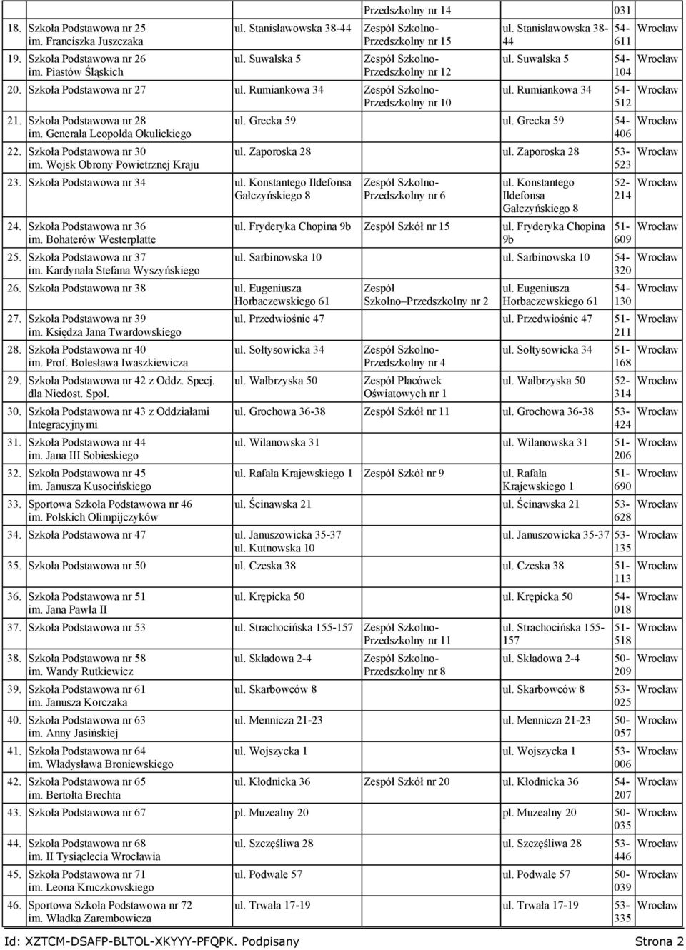 Szkoła Podstawowa nr 34 Konstantego Ildefonsa Gałczyńskiego 8 24. Szkoła Podstawowa nr 36 im. Bohaterów Westerplatte 25. Szkoła Podstawowa nr 37 im. Kardynała Stefana Wyszyńskiego 26.