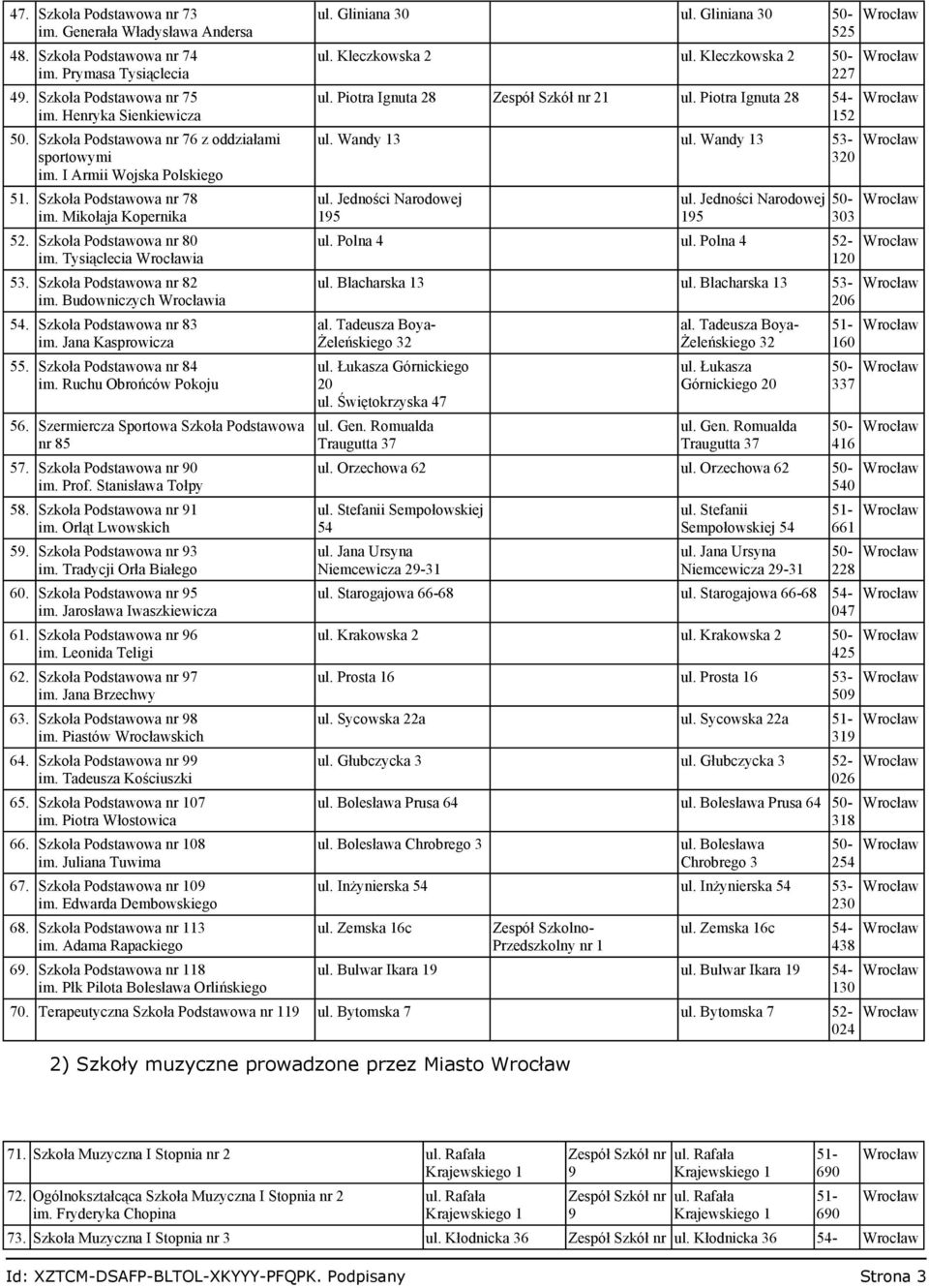 Szkoła Podstawowa nr 82 im. Budowniczych ia 54. Szkoła Podstawowa nr 83 im. Jana Kasprowicza 55. Szkoła Podstawowa nr 84 im. Ruchu Obrońców Pokoju 56. Szermiercza Sportowa Szkoła Podstawowa nr 85 57.
