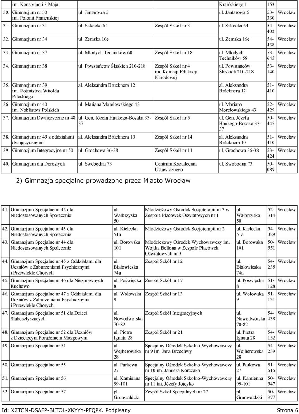 Komisji Edukacji Narodowej 35. Gimnazjum nr 3 im. Rotmistrza Witolda Pileckiego 36. Gimnazjum nr 40 im. Noblistów Polskich al. Aleksandra Brücknera 12 Mariana Morelowskiego 43 37.