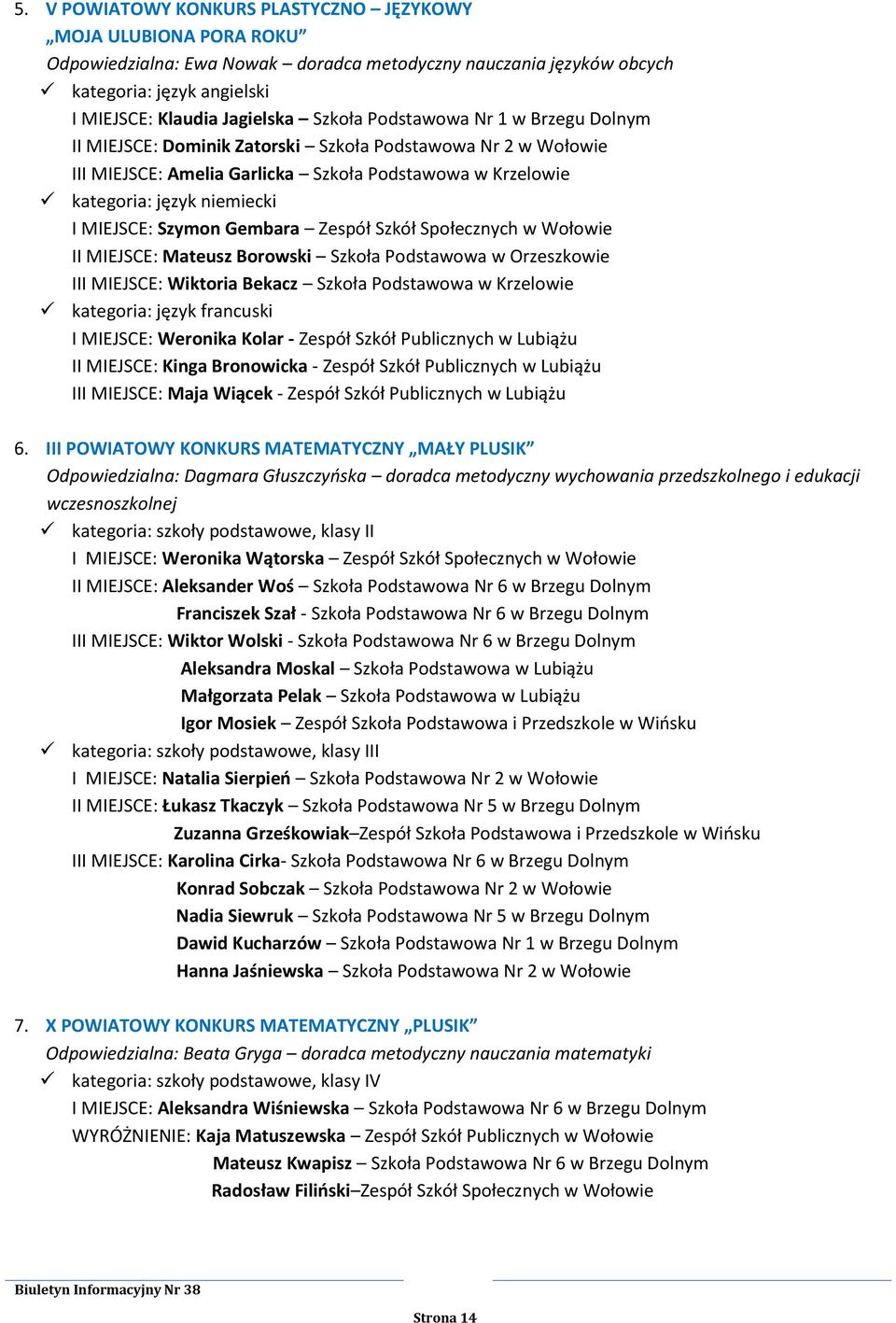 Gembara Zespół Szkół Społecznych w Wołowie II MIEJSCE: Mateusz Borowski Szkoła Podstawowa w Orzeszkowie III MIEJSCE: Wiktoria Bekacz Szkoła Podstawowa w Krzelowie kategoria: język francuski I