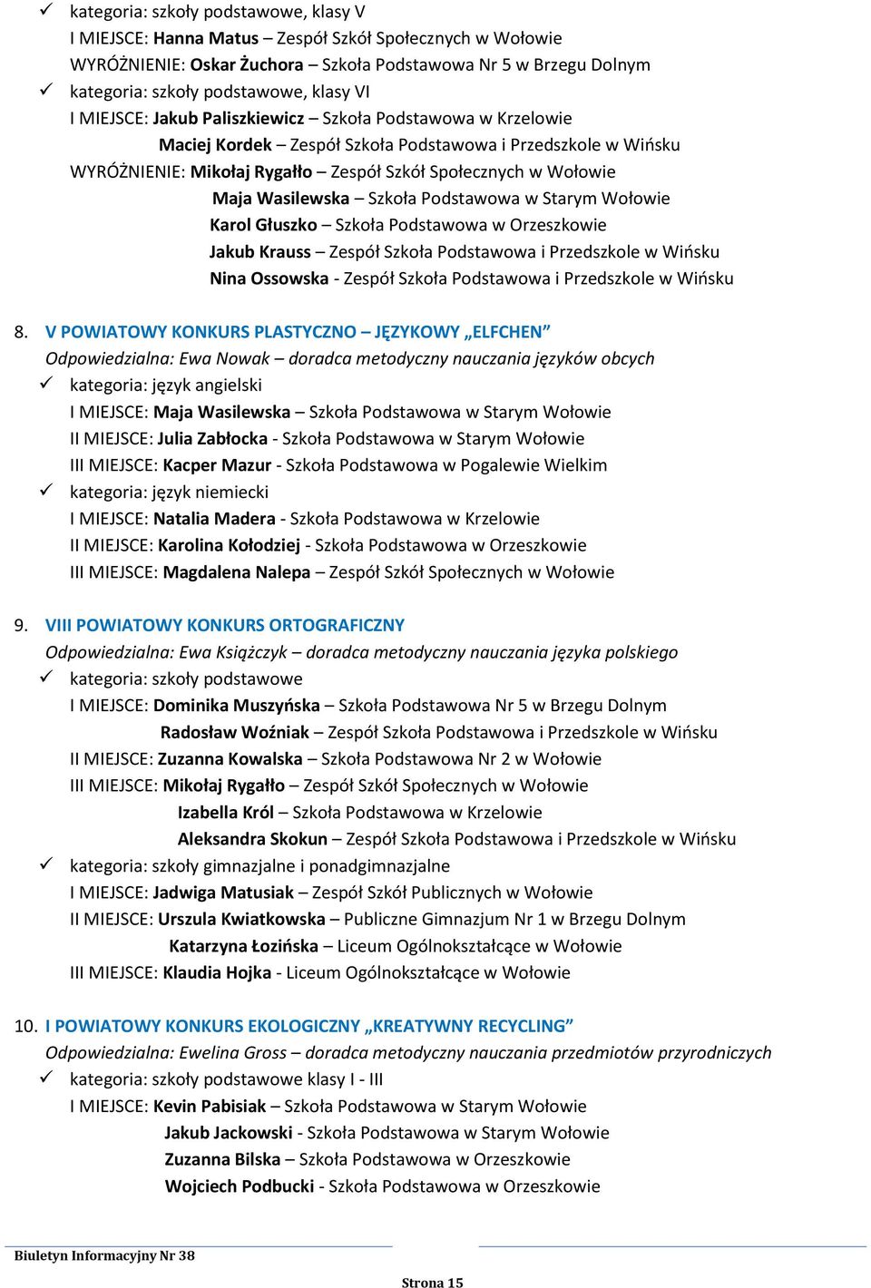 Wasilewska Szkoła Podstawowa w Starym Wołowie Karol Głuszko Szkoła Podstawowa w Orzeszkowie Jakub Krauss Zespół Szkoła Podstawowa i Przedszkole w Wińsku Nina Ossowska - Zespół Szkoła Podstawowa i