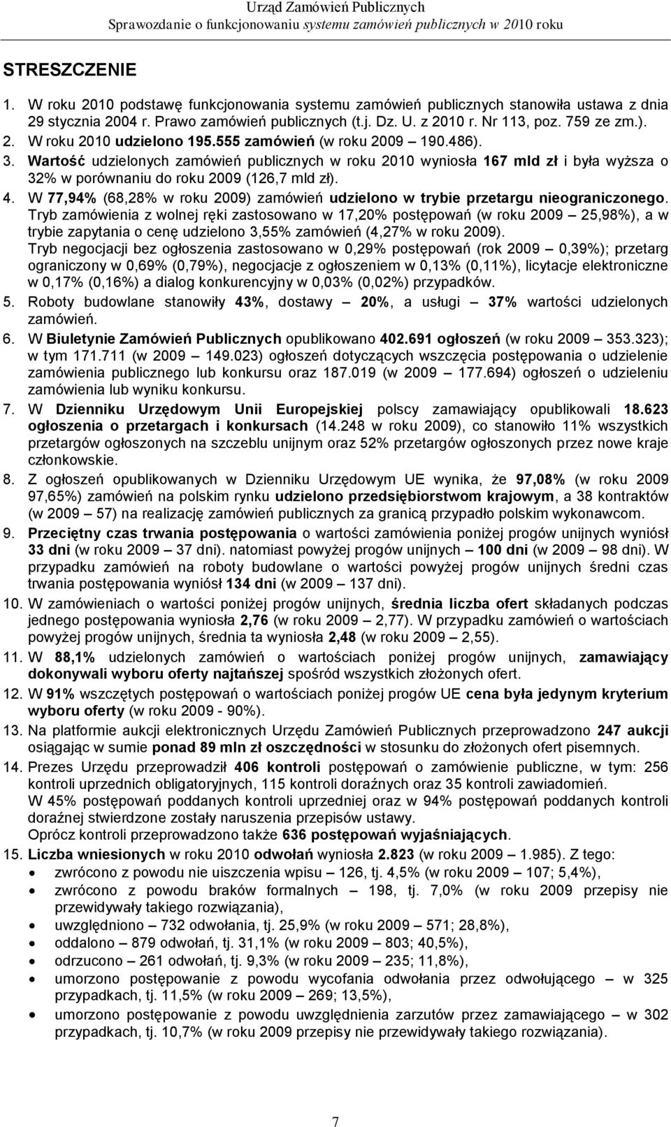 Wartość udzielonych zamówień publicznych w roku 2010 wyniosła 167 mld zł i była wyższa o 32% w porównaniu do roku 2009 (126,7 mld zł). 4.