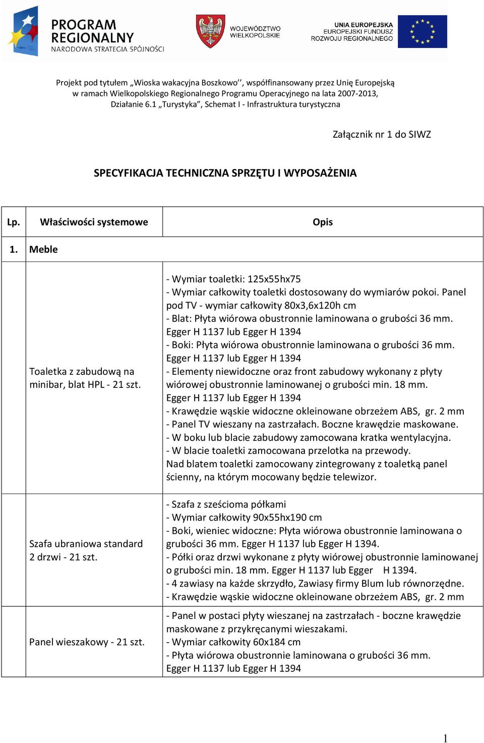 Meble Toaletka z zabudową na minibar, blat HPL - 2 Szafa ubraniowa standard 2 drzwi - 2 Panel wieszakowy - 2 - Wymiar toaletki: 125x55hx75 - Wymiar całkowity toaletki dostosowany do wymiarów pokoi.