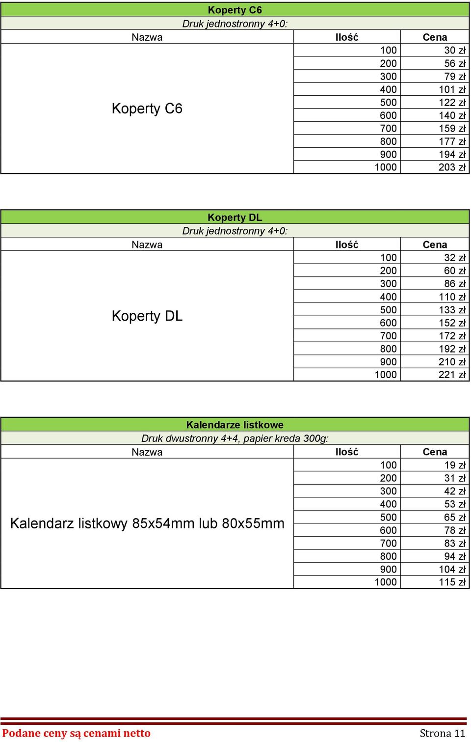 900 210 zł 1000 221 zł Koperty DL Kalendarze listkowe Druk dwustronny 4+4, papier kreda 300g: 100 19 zł 200 31 zł 300 42 zł 400 53 zł