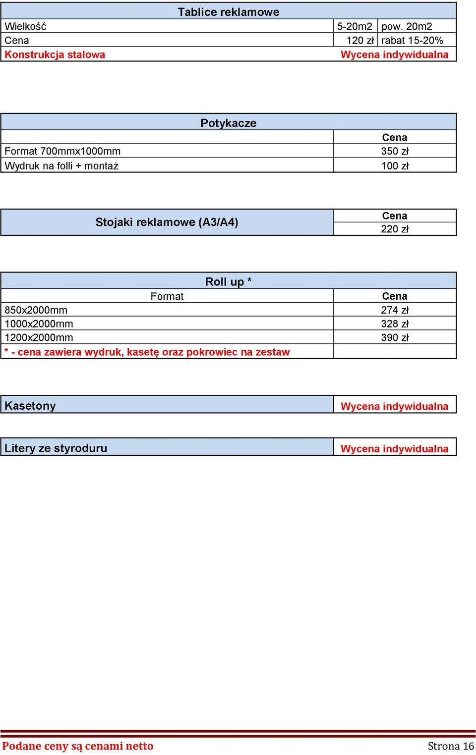 Potykacze 350 zł 100 zł Stojaki reklamowe (A3/A4) 220 zł Roll up * Format 850x2000mm